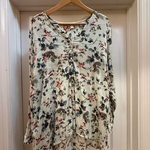 J. Jill Cream Floral Blouse with Pink and Blue Accents